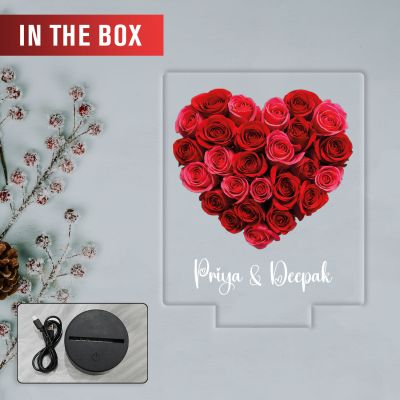 Personalized Name LED Night Light, Rose Heart Design Color Changing Light with Black Base Gift for Valentines Day & Rose Day Gift for Couples